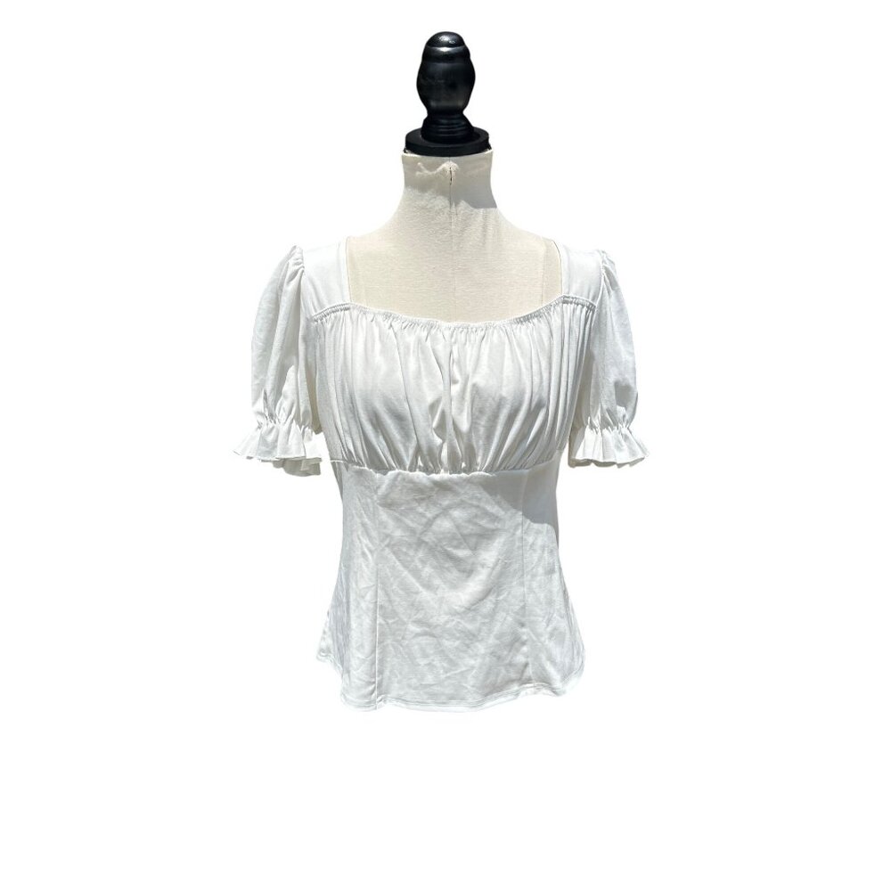 Womens Sz L White Milkmaid Top Puff Sleeves Cottagecore Peasant Top